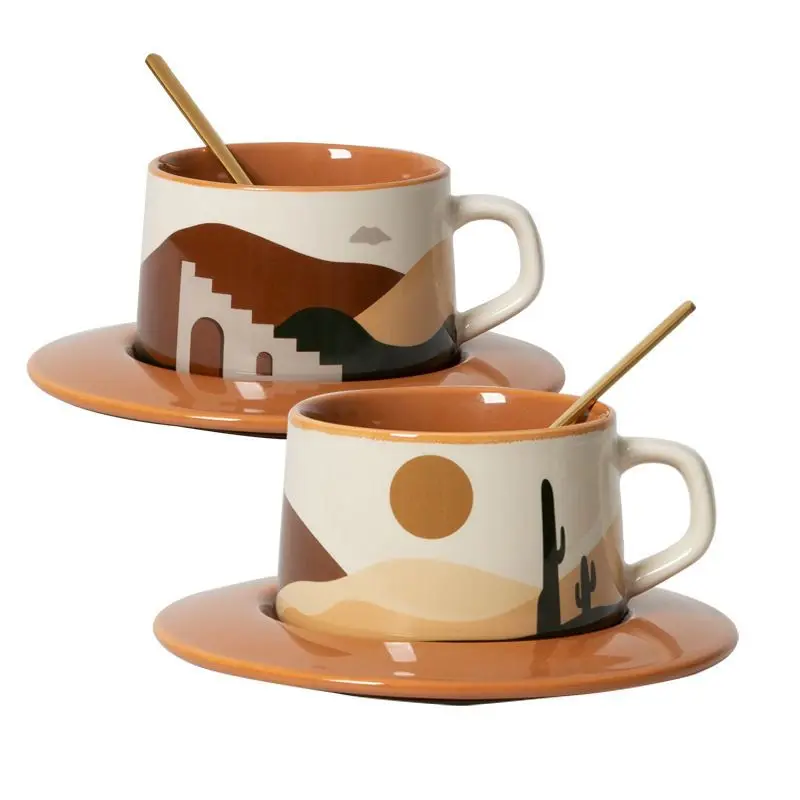 

Retro Style Household Ceramic Teacup Exquisite Fashion Breakfast Juice Mug Creative High-value Office Coffee Cup and Saucer Set