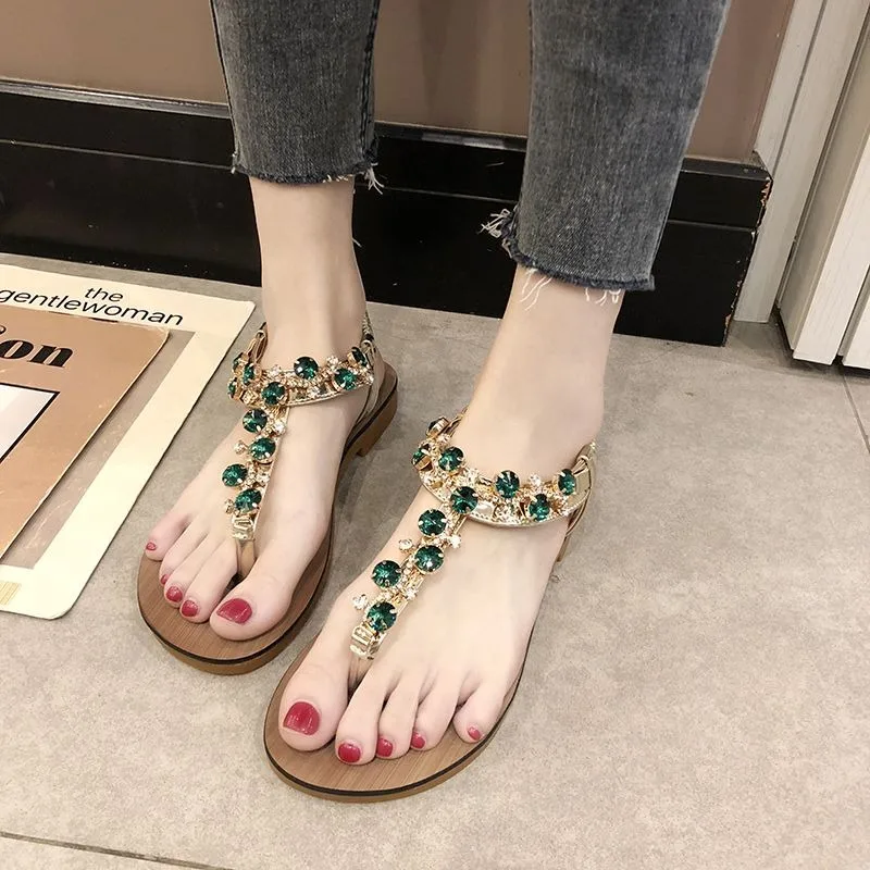 

New 2026 Summer Women's Bohemian Rhinestone Thong Sandals Flat Flip Flops for Beach Korean Style Student