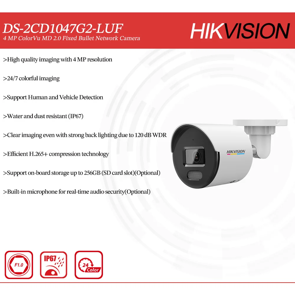 Hikvision Original DS-2CD1047G2-LUF 4MP ColorVu MD2.0 Fixed Bullet Network Camera Human&Vehicle Detection Built-in MIC SD Slot