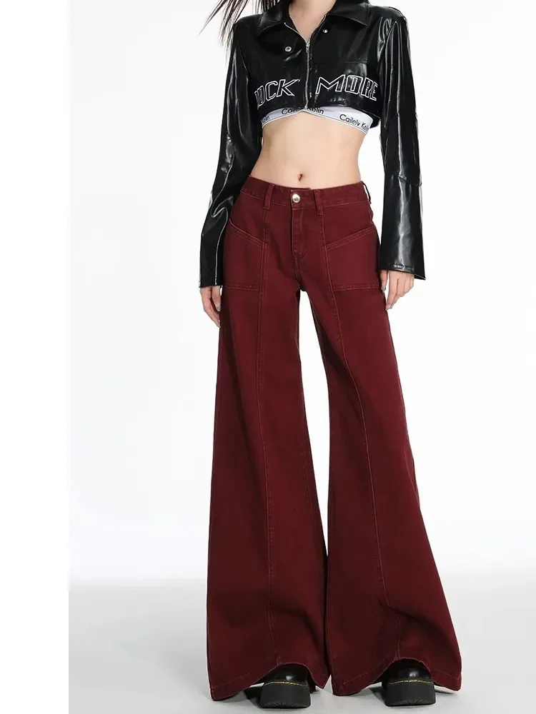 Women's Retro Red Micro Flared Pants Street Style Wide Leg Sweatpants Vintage Casual Female High Waist Loose Straight Trousers