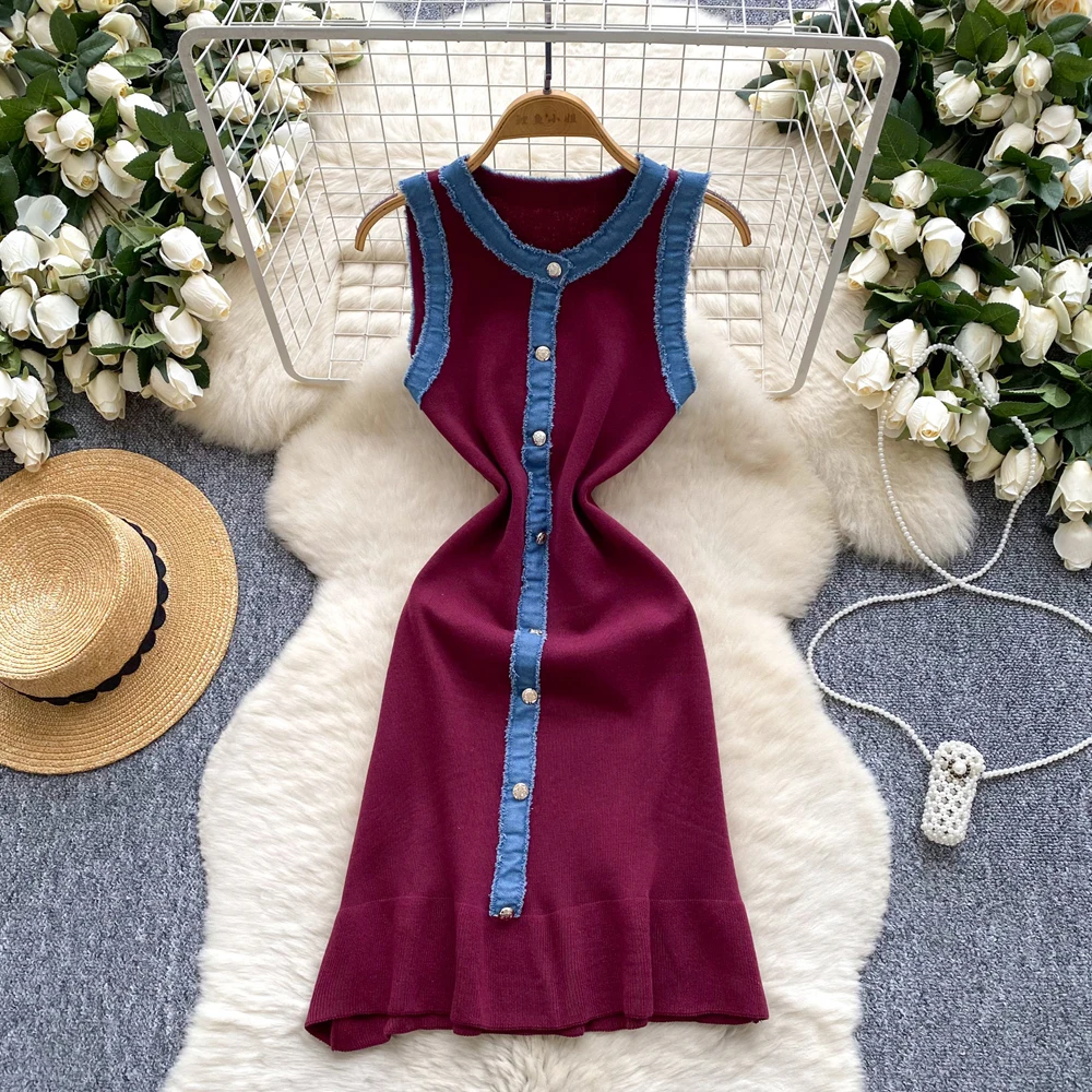 YuooMuoo Chic Fashion Sexy Package Hips Knitted Mini Dress 2025 Summer Vintage Denim Patchwork Ruffled Party Dress Streetwear