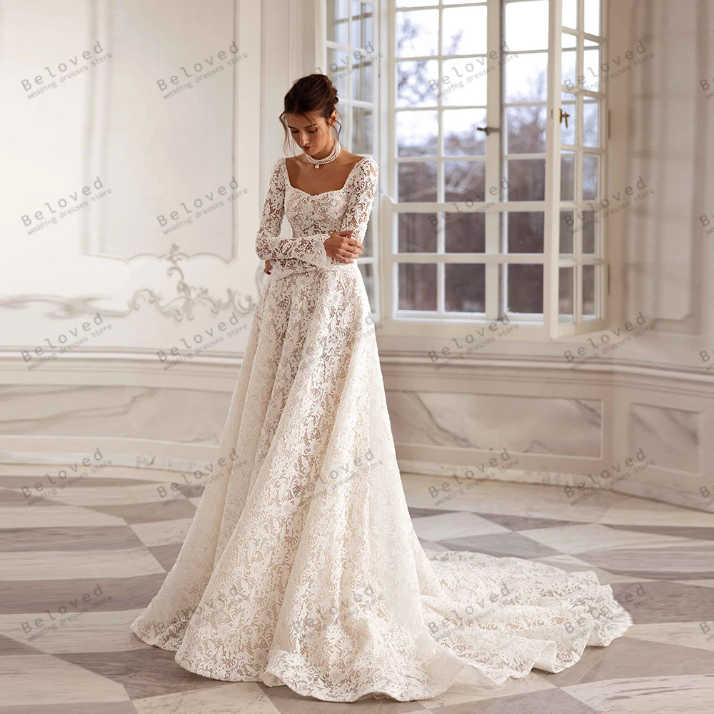 فساتين زفاف أنيقة على شكل حرف A من الدانتيل فساتين زفاف بأكمام طويلة بدون ظهر طول الأرض عتيقة فيستدوس دي نوفيا مخصصة