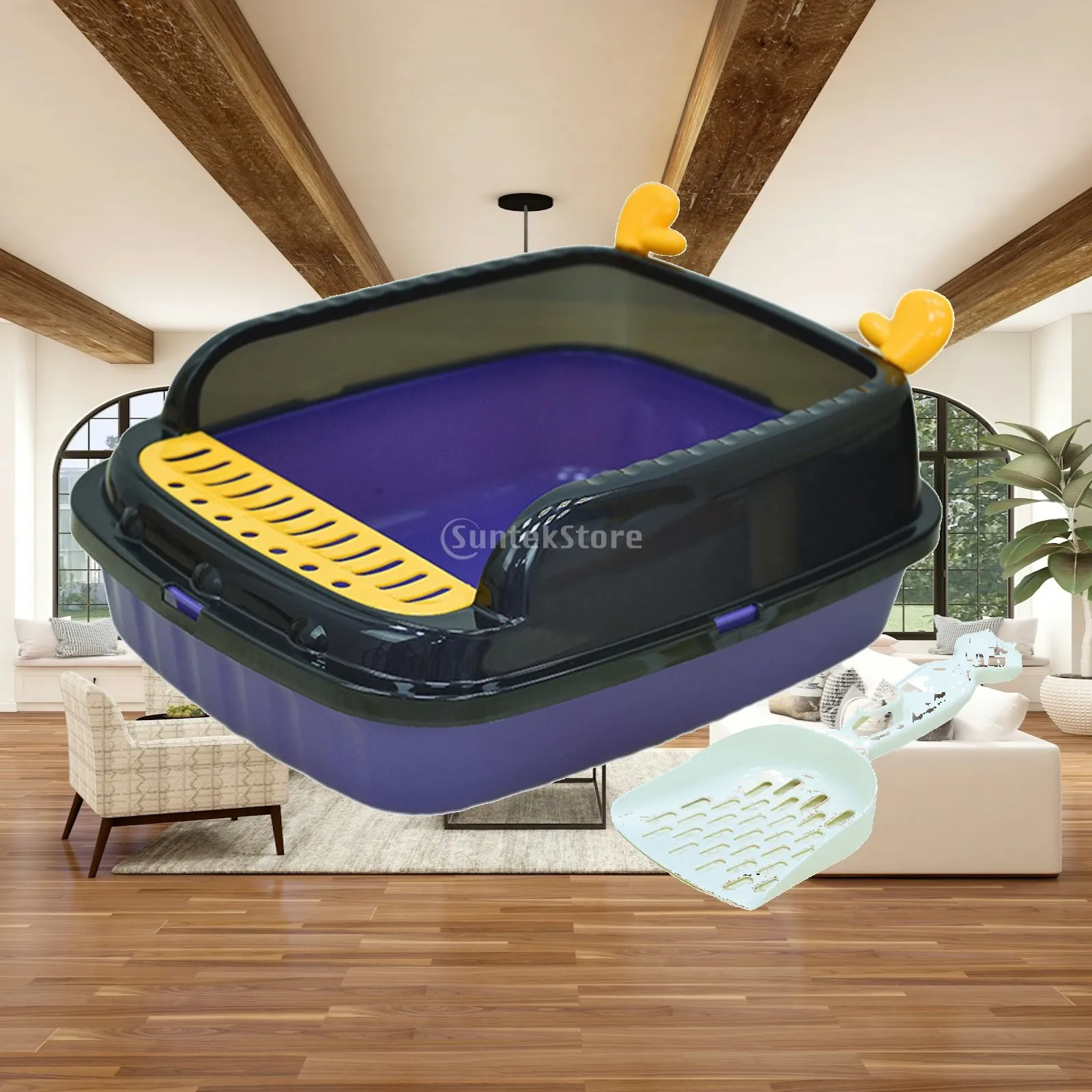 Cat Litter Basin Open Top Pet Litter Tray Cat Litter Container Portable with Scoop High Sided for All Kinds of Cat Litter