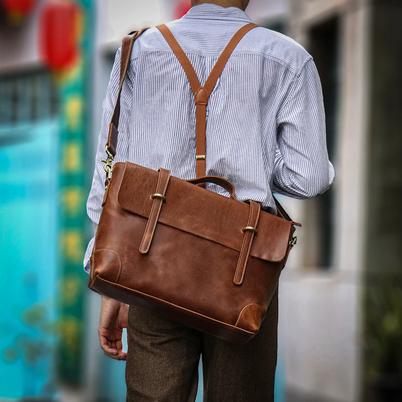 GURO Luxury Brand Real Leather Handbag Men Executive Briefcase Retro Large Messenger Bag Crazy Horse Cowhide Laptop Shoulder Bag