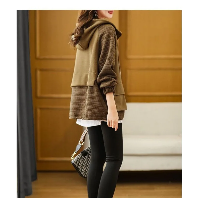 Women's Loose Half-Zip Hoodie Brown Textured Patchwork Pullover Casual Spring Autumn Long Sleeve Sweatshirt With Pockets