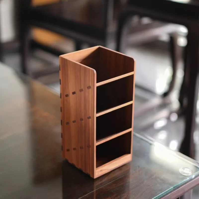 Black Walnut Wood Pen Holder New Chinese Style Desk Organizer for Office Solid Wood Pencil Brush Holder Desktop Storage Caddy