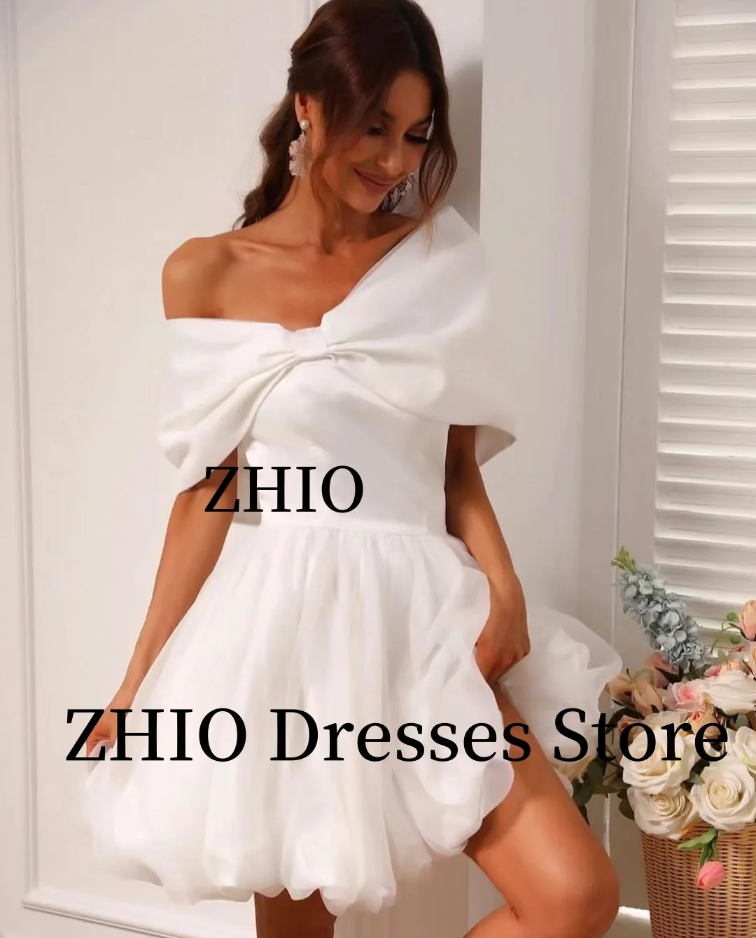 ZHIO Mini Bow Off the Shoulder Beach Wedding Dress Multi-layered Organza Party Gowns Evening Dresses Customized Robe de soirée