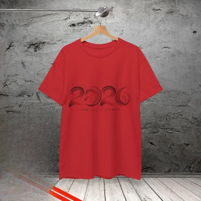 سنة الحصان 2026 للجنسين قميص السنة القمرية الجديدة الصينية زودياك رسائل بسيطة مطبوعة القطن قمم تي شيرت Crewneck موضة تيز #6