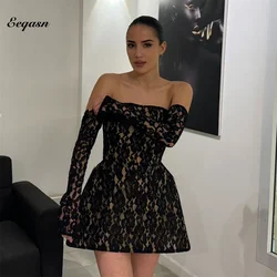 Detachable Long Sleeves Prom Dresses Black Full Lace Short Mermaid Party Dresses Women Elegant Birthday Cocktail Gown Customized