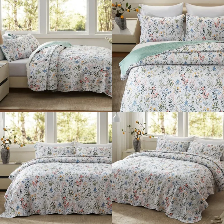 

3-Piece Full Queen Size Quilt Set Lightweight Bedspread Coverlet 90''x98'' Garden Style Floral Printed Oversized Bedding Set wi