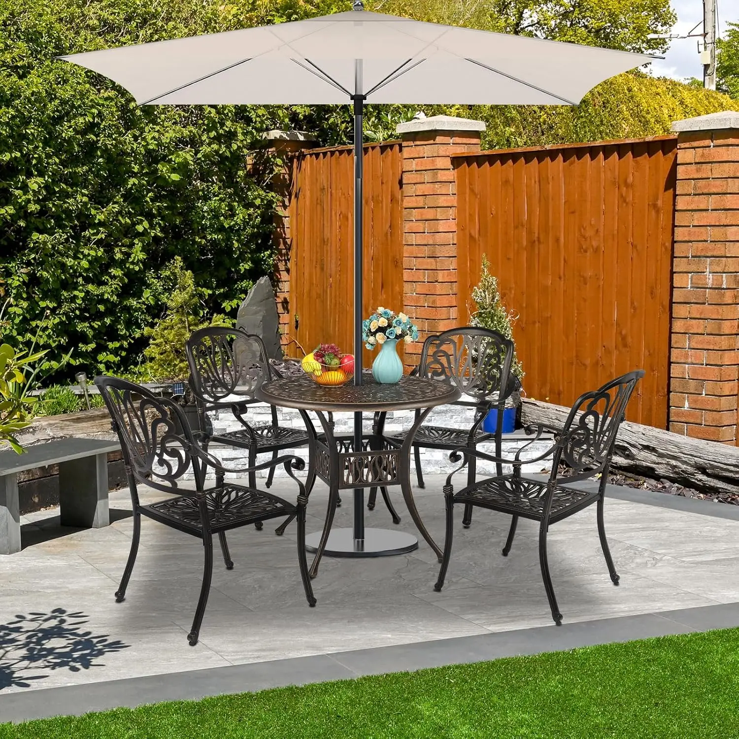 5 Pieces Outdoor Patio Dining Set Cast Aluminium Patio Furniture Set with 4 Chairs and 1 Umbrella Table for Yard Garden Porch an