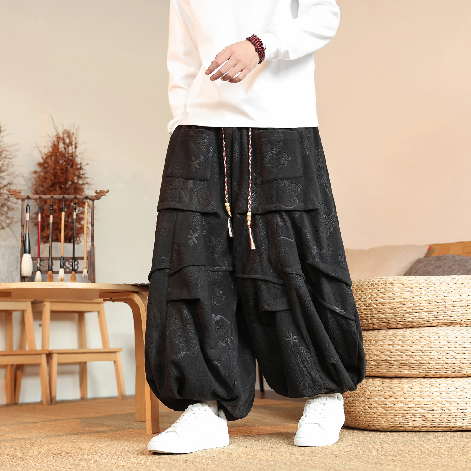 

Мужские шаровары в китайском стиле, мужские флисовые брюки с рисунком дракона, мужские плиссированные широкие брюки, мужские брюки-фонарики в стиле Харадзюку