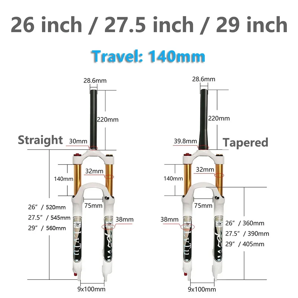 Forcella Pneumatica per Mountain Bike, 26 27.5 Forcella Ammortizzata da 29 Pollici, Lega di Magnesio, Corsa da 140MM, Ammortizzatore con Funzione di