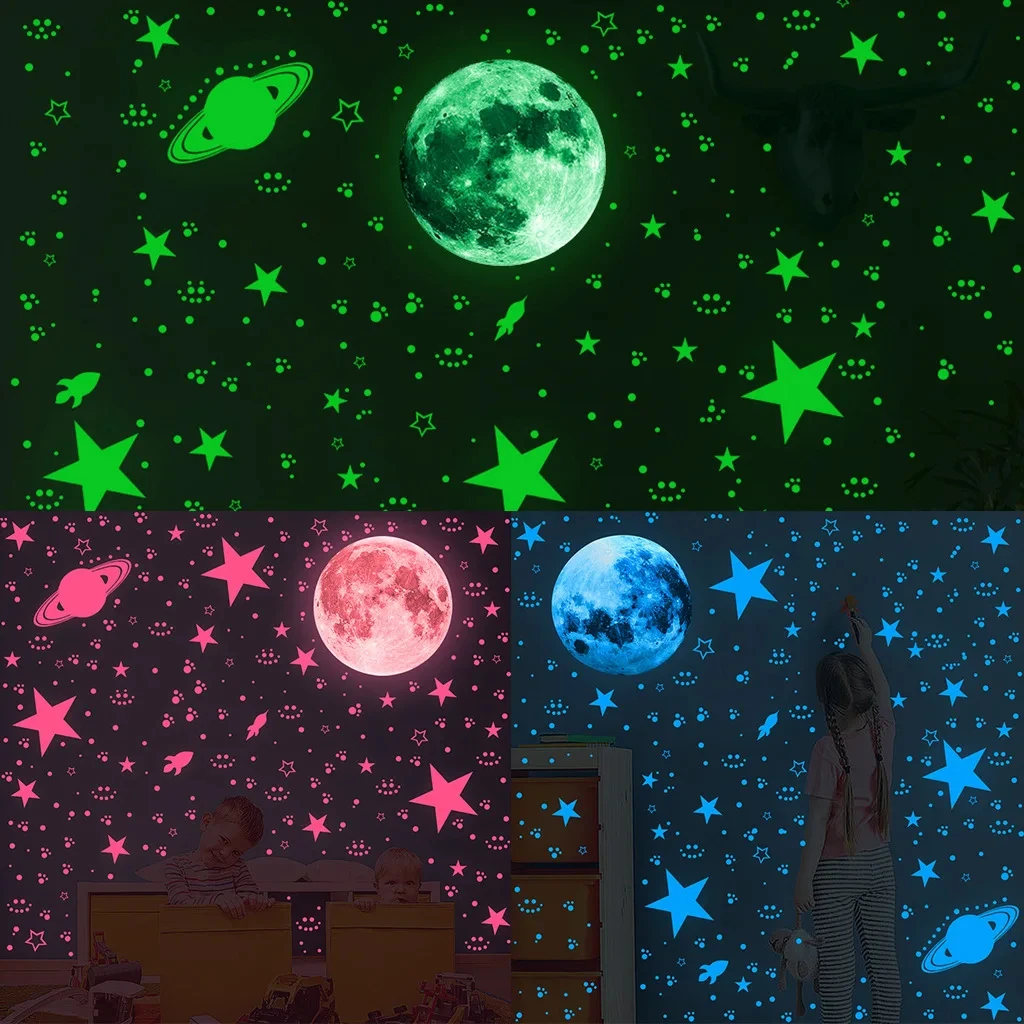 Green star glow-in-the-dark stickers with moon 333 glow-in-the-dark star wall stickers glow-in-the-dark star moon stickers