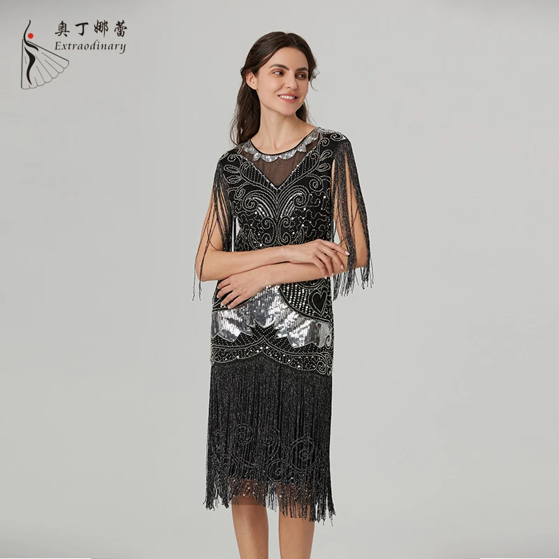 Women Sequins Dress 1920s Fringe Vestidos Vintage Great Gatsby Party Cocktail Dress V-Neck Sequin  Embroidery