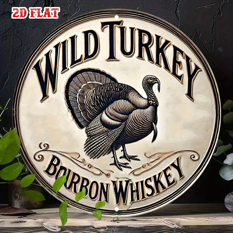 Vintage Wild Turkey Bourbon Animal Retro Round Aluminum Metal Sign 20x20cm 2D Flat Backyard BBQ Pub Wall Decor Gift