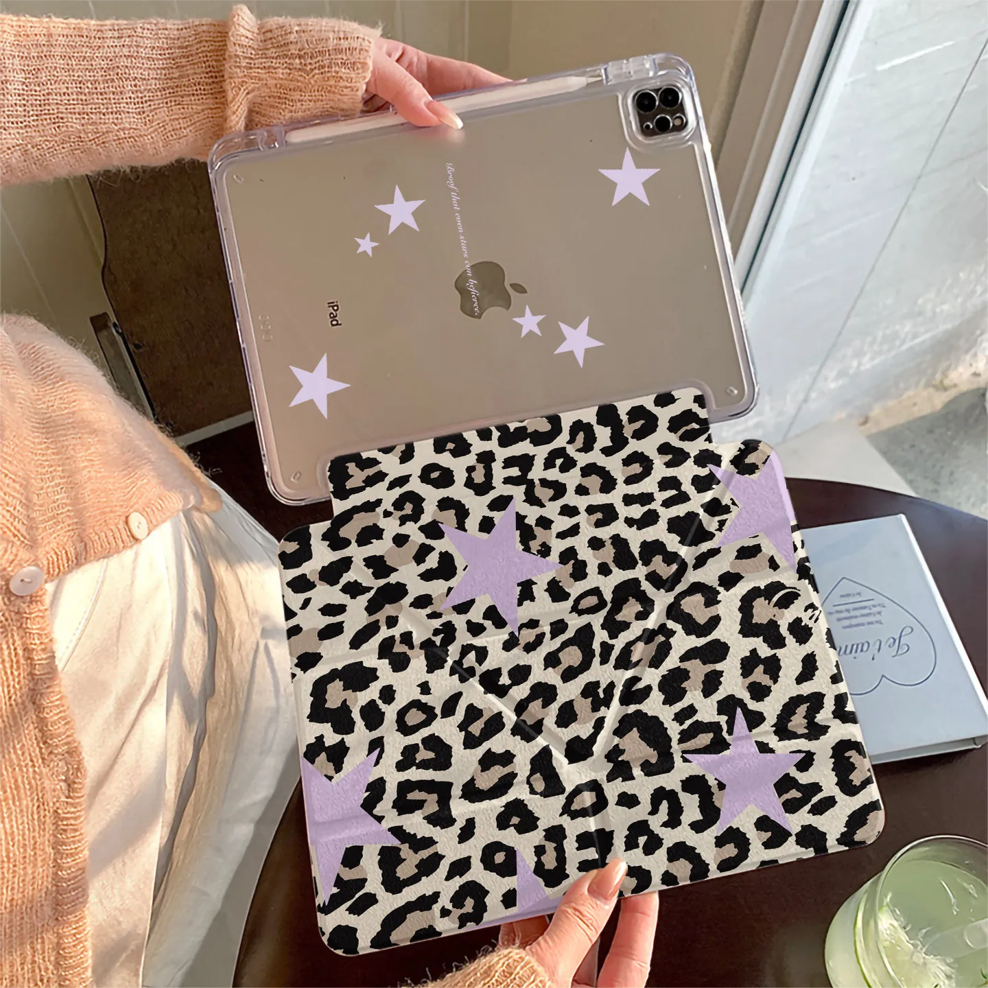 Korean Ins Leopard Print Purple Star Y2K Cover For iPad Pro 13 11th M5 M4 12.9 A16 10 8 7 9th 10th Air 11 M2 M3 Mini Tablet Case