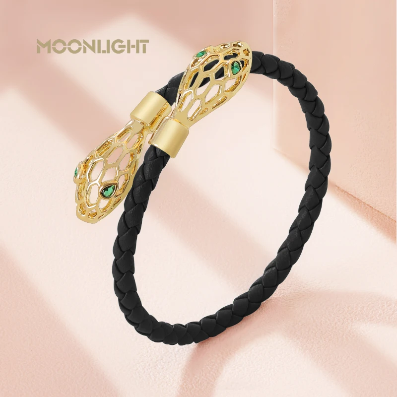 Personality Hollow out Snake Head Green Eyes Bracelets for Women Trendy Genuine Braided Leather Bracelet Fashion Jewelry Gift