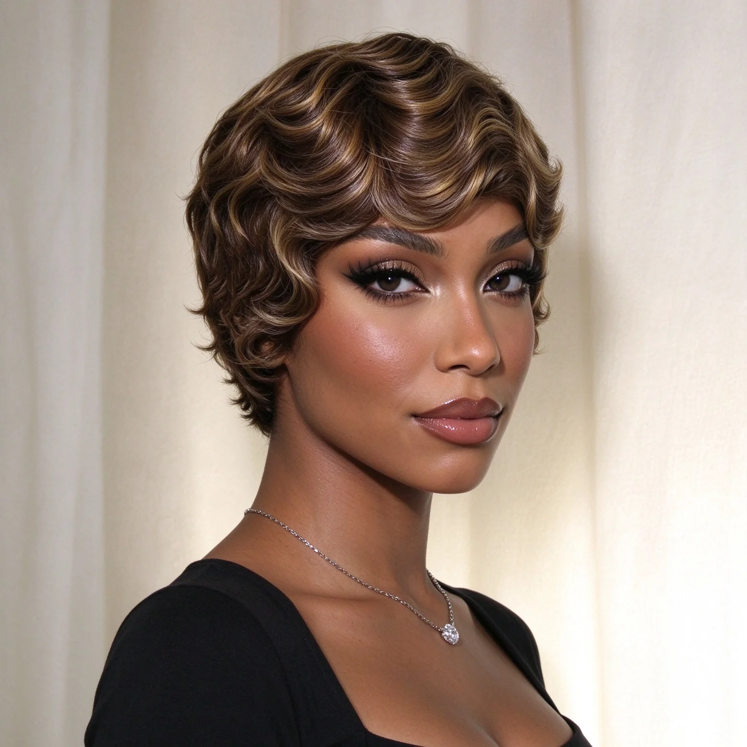 Women' Brazilian Human Hair Wig Suitable for Skin Tones Dark Brown Pixie Cut with Bangs 150% Density Short Layered Curly Wave