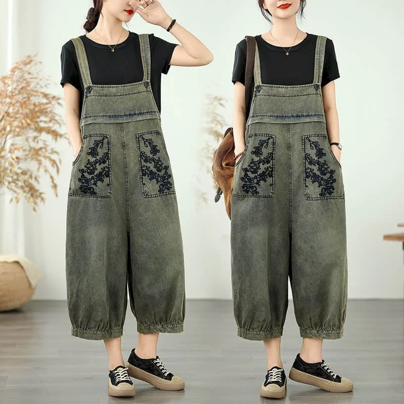 Denim Jumpsuits for Women Korean Style Rompers Vintage Playsuits Embroidery Harem Pants Casual Overalls One Piece Outfit Women