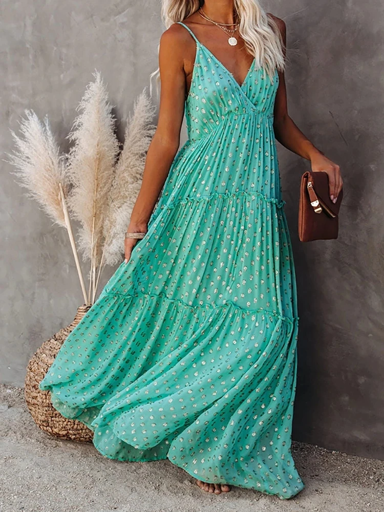 Maxi sukienki w stylu Boho kobieta lato zielony Strappy Sundress kobieta moda Casual długi letnia sukienka plażowa Chic drukowane sukienka Boho 2023