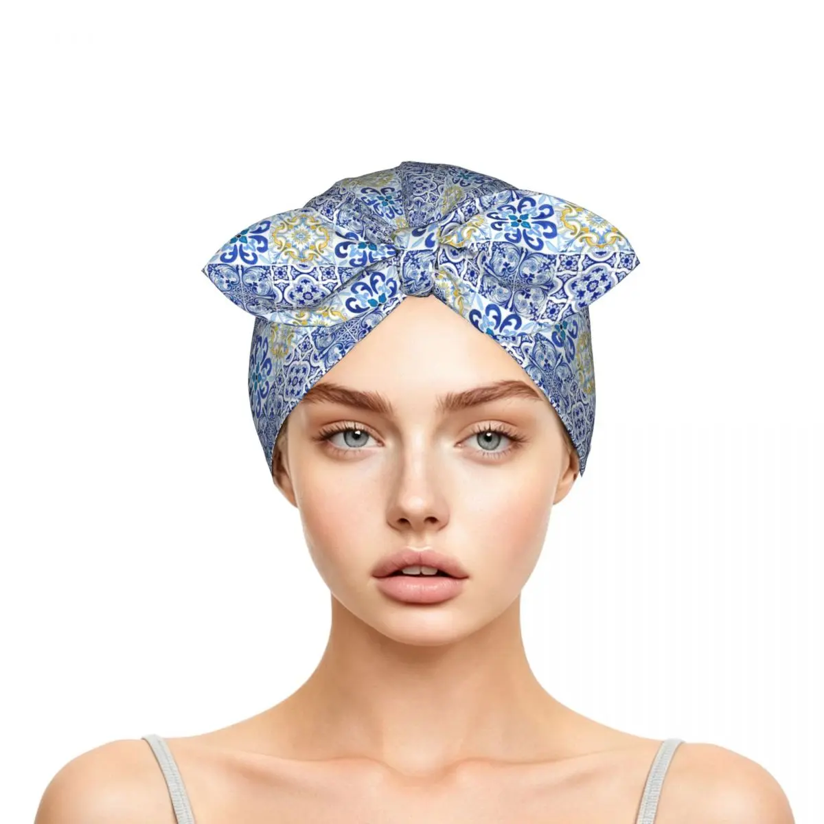 Sicilian Tiles,mediterranean,mosaic,lemons Sleep Bonnet Double Layer Adjustable Bow Reversible Hair Cap for Curly Braids Hair