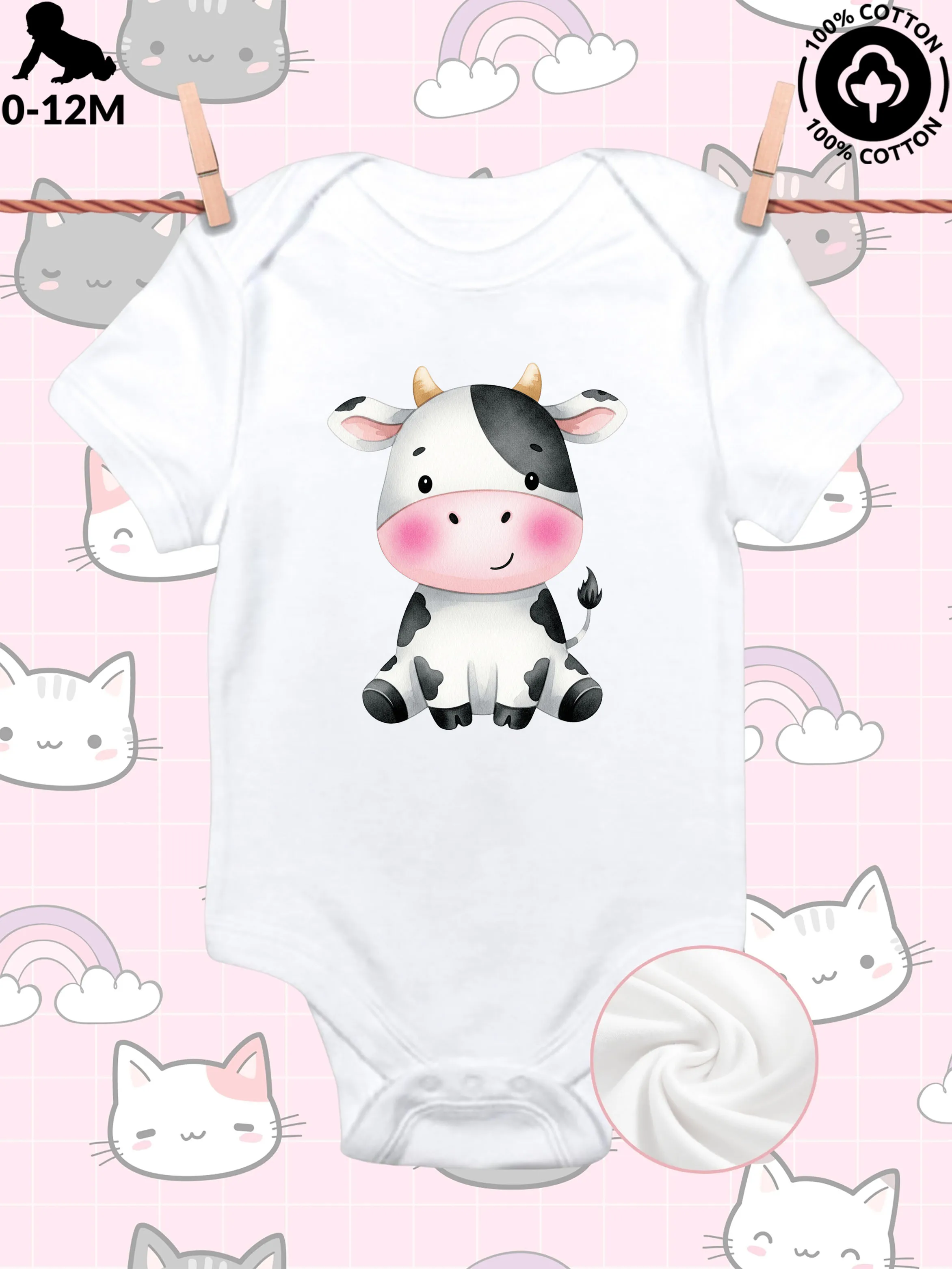 

Little Cow Unisex Baby Crawling Suit, Pure Cotton Soft Onesie, All-Season Wear White Bodysuit 190GSM