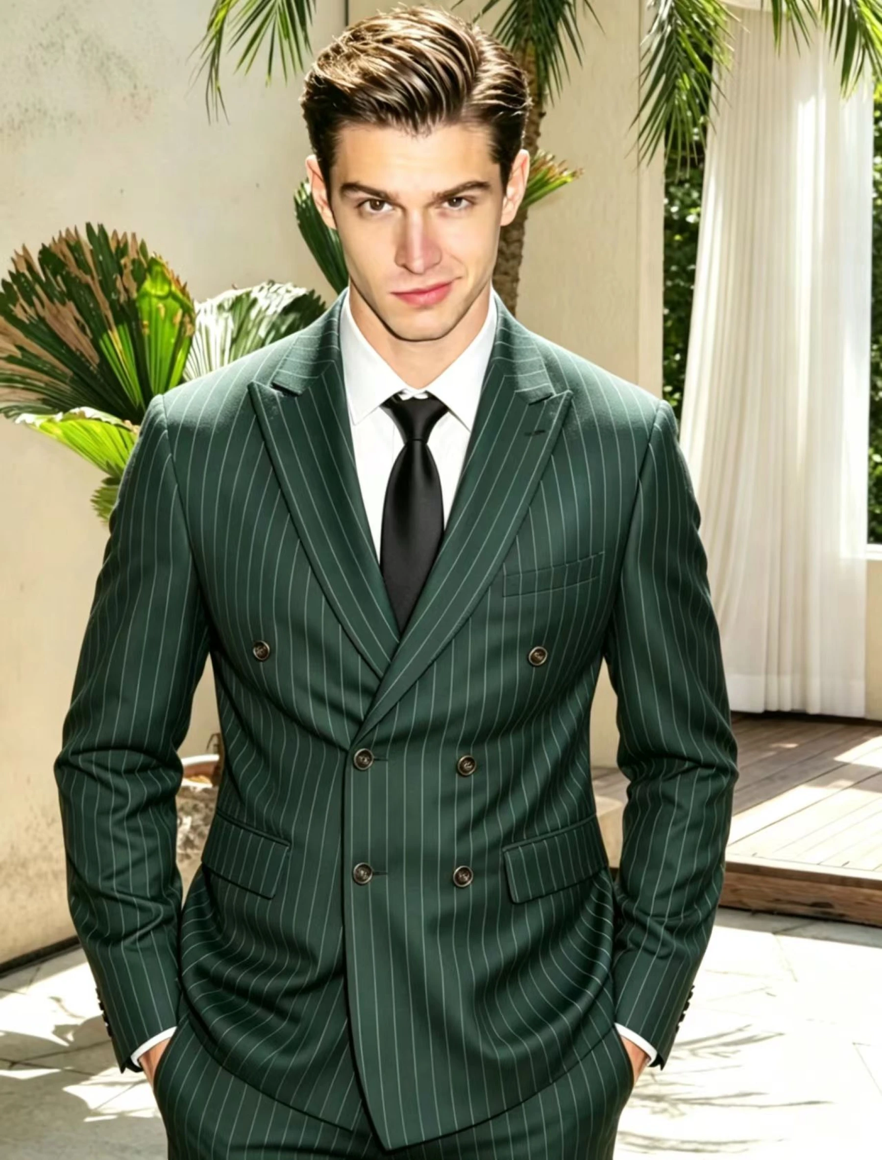 Men's Green Pinstripe Double Breasted Suit, Formal Business Wedding Tuxedo, Slim Fit Dress Suit for Men (Jacket + Pants）