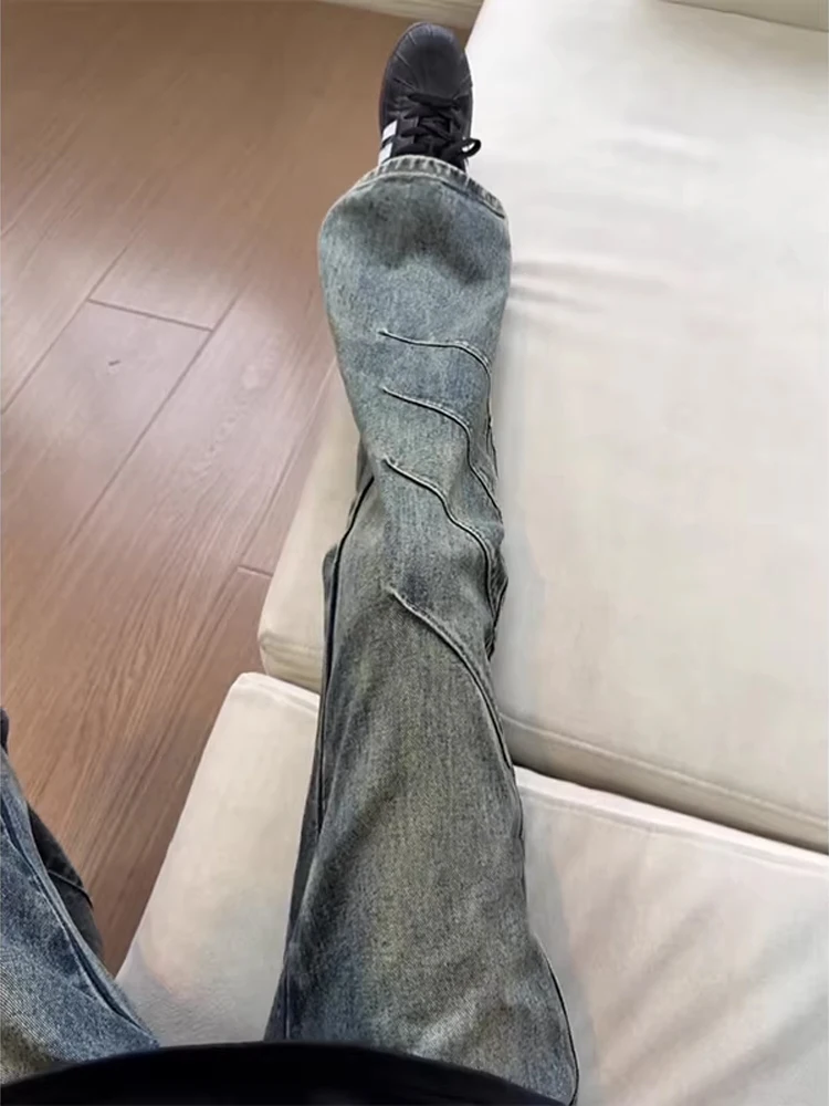 

Retro American Vibe Men's Blue Denim Jeans High Street Faded Pleated Trendy Brand Folded Workwear Straight Leg Long Trousers