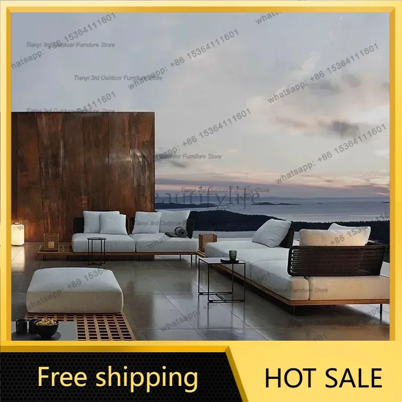 zj.Italian Style Courtyard Villa Solid Wood Garden Sofas Rattan Weaving Modern Garden Sofa Simplicity Outdoor Furniture Divano F