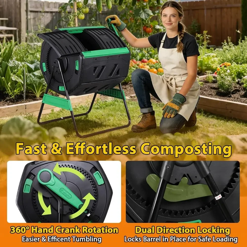 Octagonal Dual-Chamber 53 Gallon Compost Tumbler with Thermometer, Soil Tester, Gloves for Outdoor Garden Waste Recycling