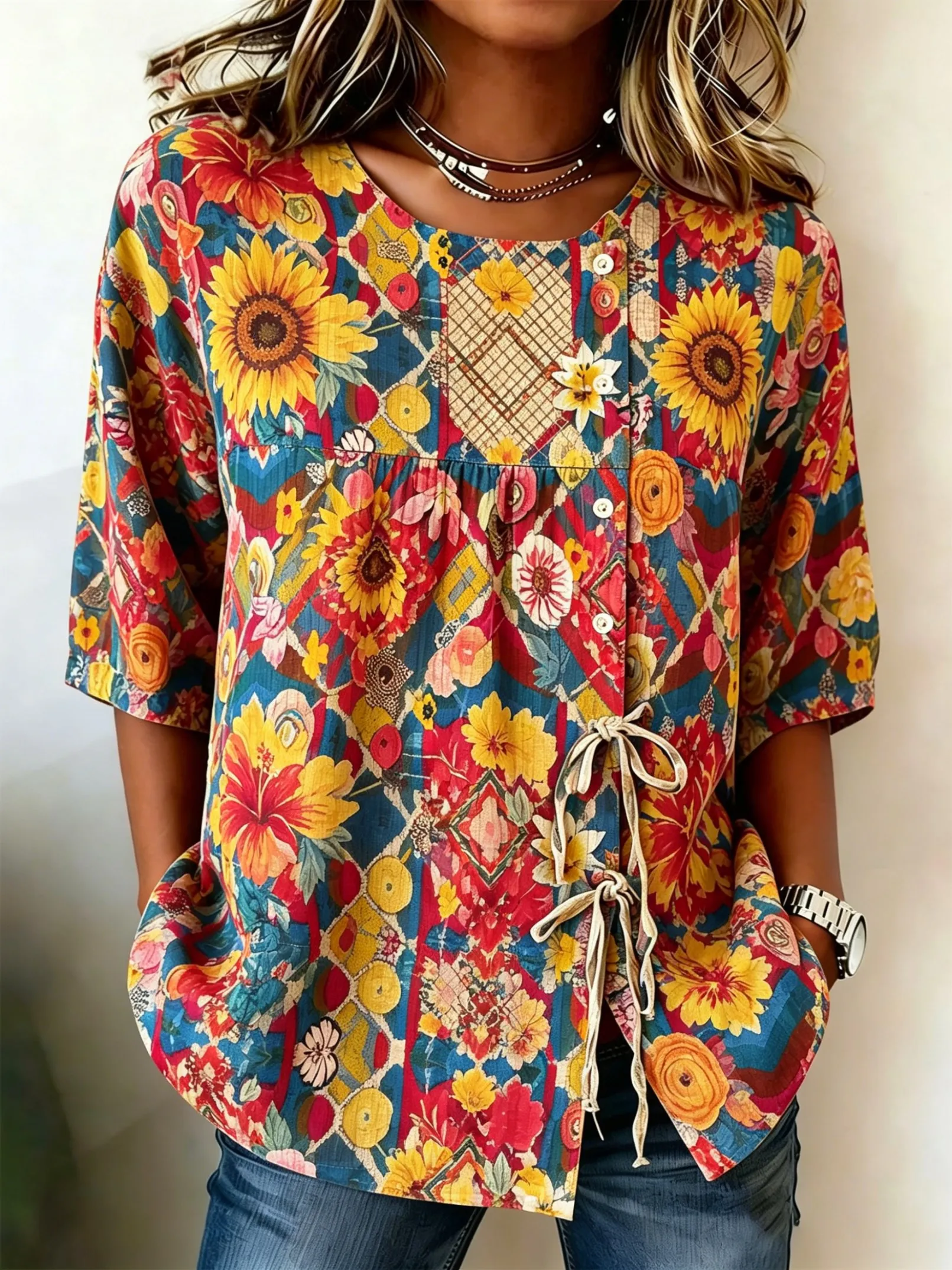 Women's Botanical Fern Print Drawstring Button Up Blouse, Casual Round Neck Tops for Spring Summer Daily Vacation Wear