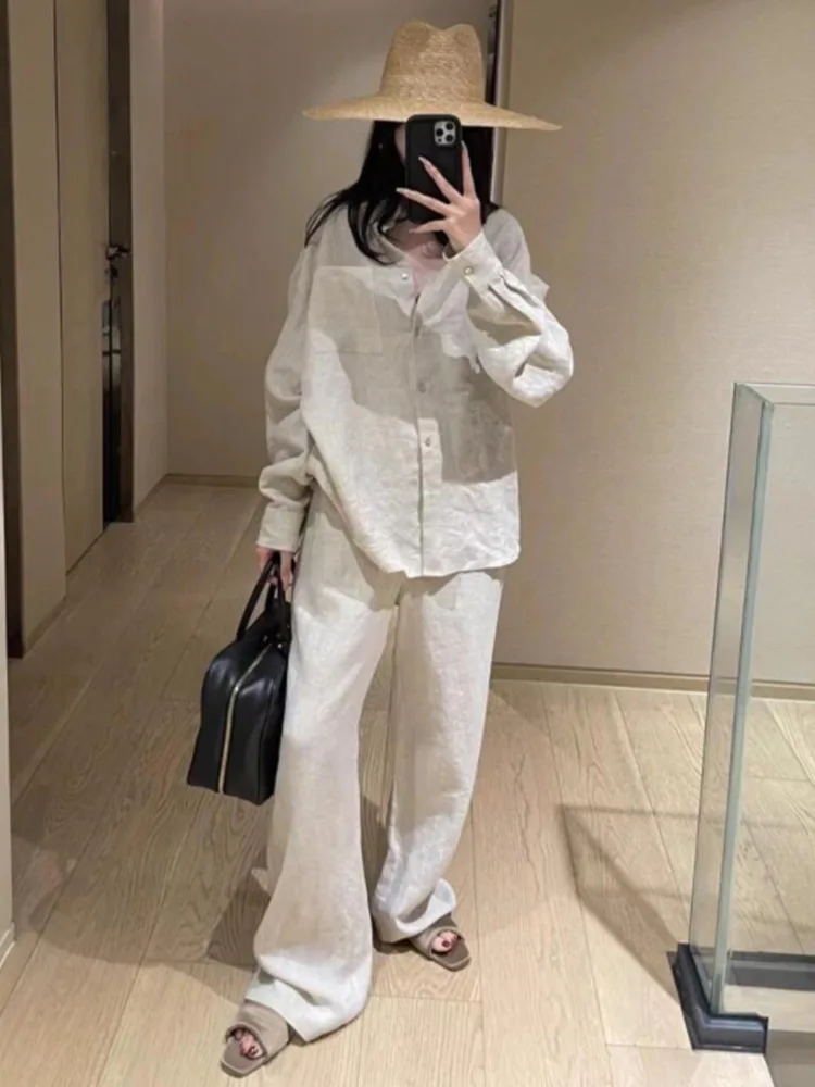 BZVW Linen Sunscreen 2 Piece Set For Women Lapel Single Breasted Loose Shirts High Waist Loose Pants 2024 Summer New 25C111