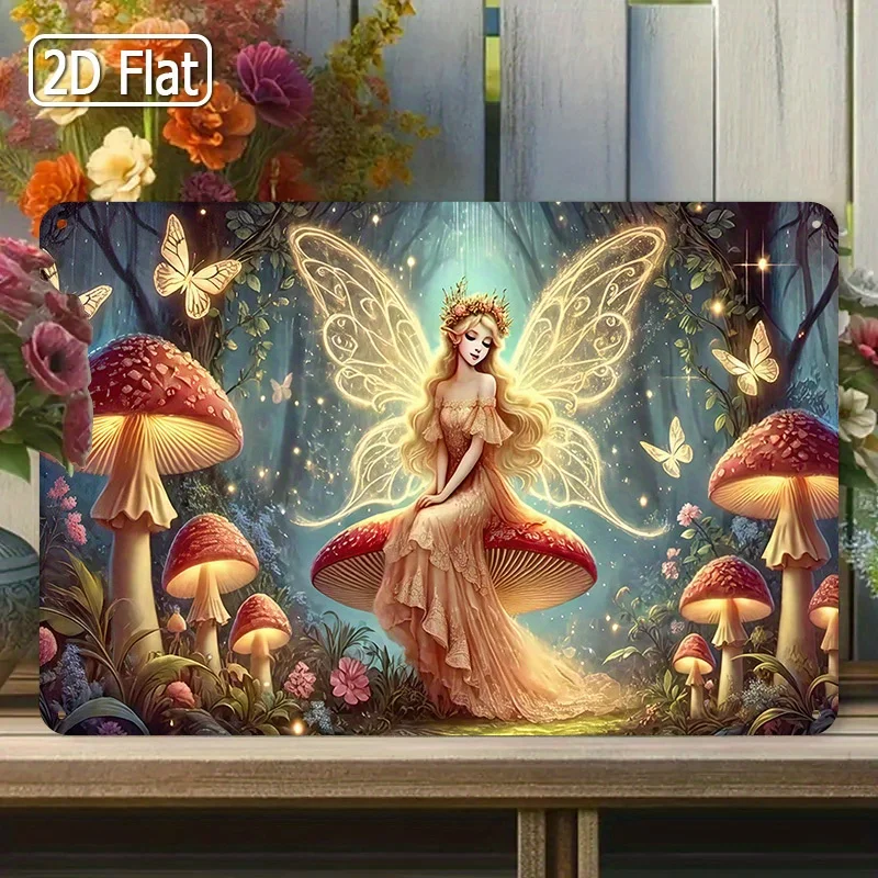 Verzauberte Feen- und Pilz-Metallwandkunst, 2D-Blechschild, Fantasy-Walddekoration für Schlafzimmer, Kinderzimmer, 20,32 x 30,48 cm