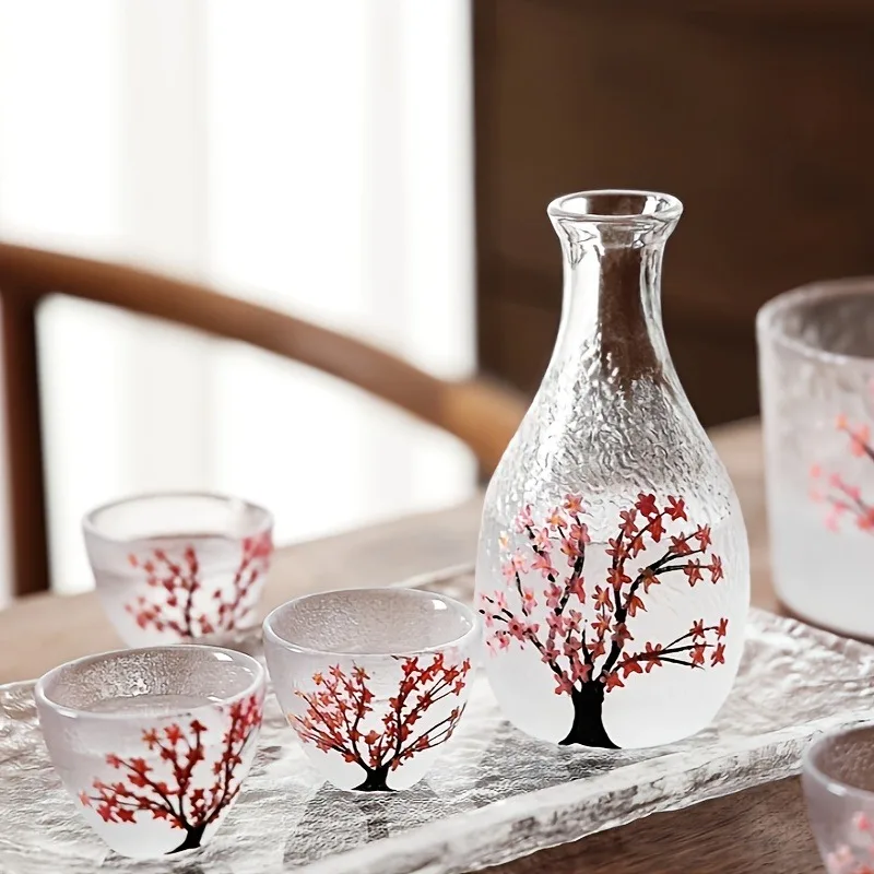 Hand-Painted Sake Set with Hammered Texture and Cherry Blossom Design Including A Sake Cup and A Sake Pot Home Dining Room Decor