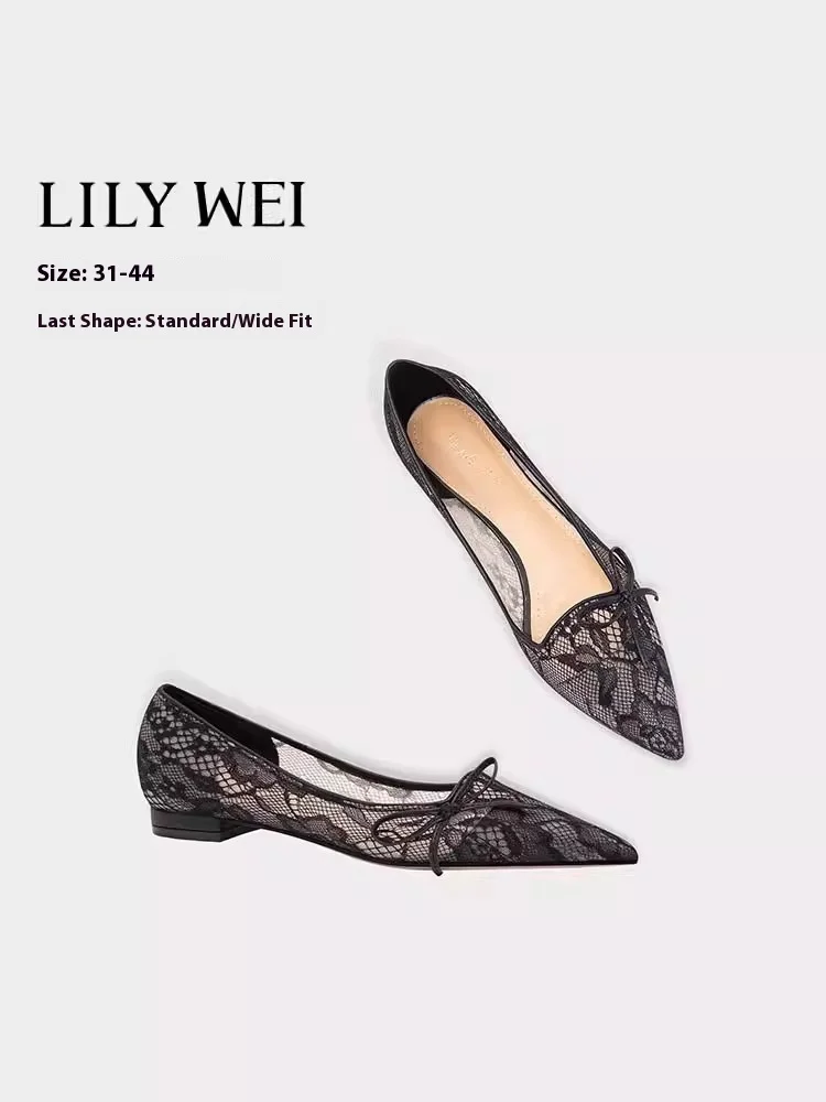 Flat stiletto heels spring and summer new pointed toe shallow lace mesh banquet large size small size wide version women sandals
