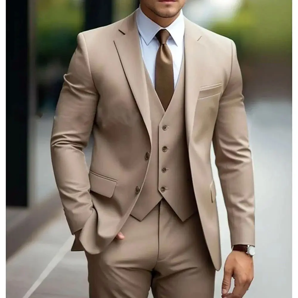 

New Khaki Business Casual Men's Three-piece Suit Groom Suit Men's Wedding Banquet Large Size Cross-border Suit