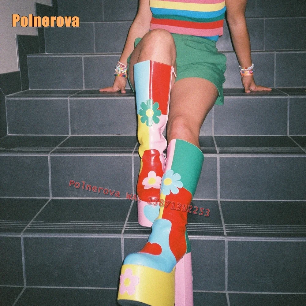 

Love Flower Print Platform Fashion Boots 2025 Spring Round Toe Block Heel Color Block Patchwork Girls Knee High Boot Zip Closure