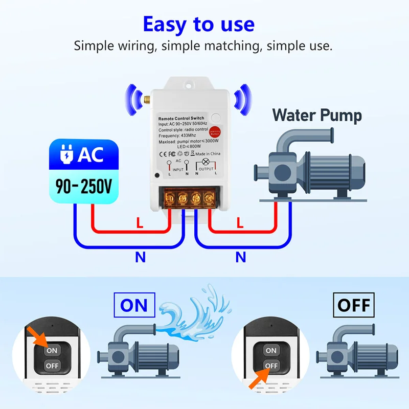 433 Mhz Remote Control Universal Wireless Remote Switch AC 220V 30A Relay Receiver 1000m RF Transmitter for water pump / Farm