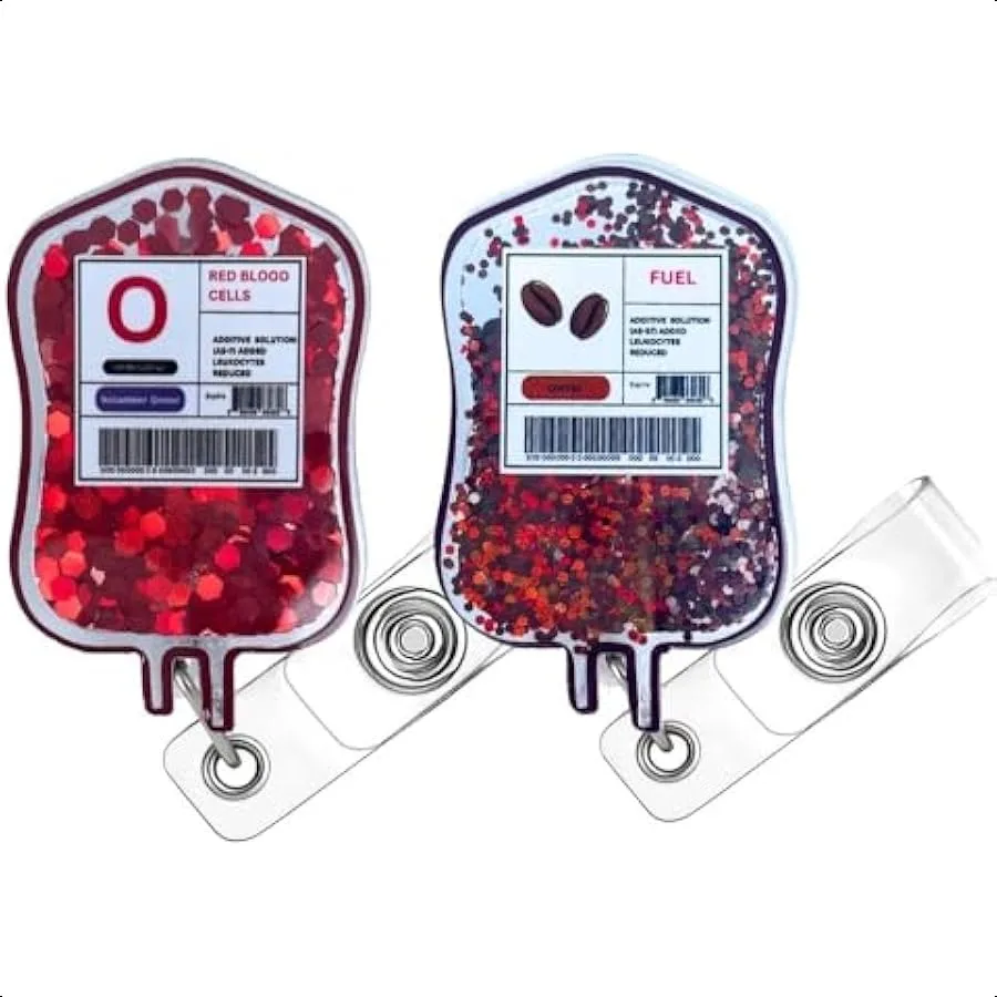 

2PC Coffee Fuel IV and Blood Type Bag Shaker Glitter Badge Reel ID Holder Clip for s Nursing Medical Assistant RN CNA MA CMA I