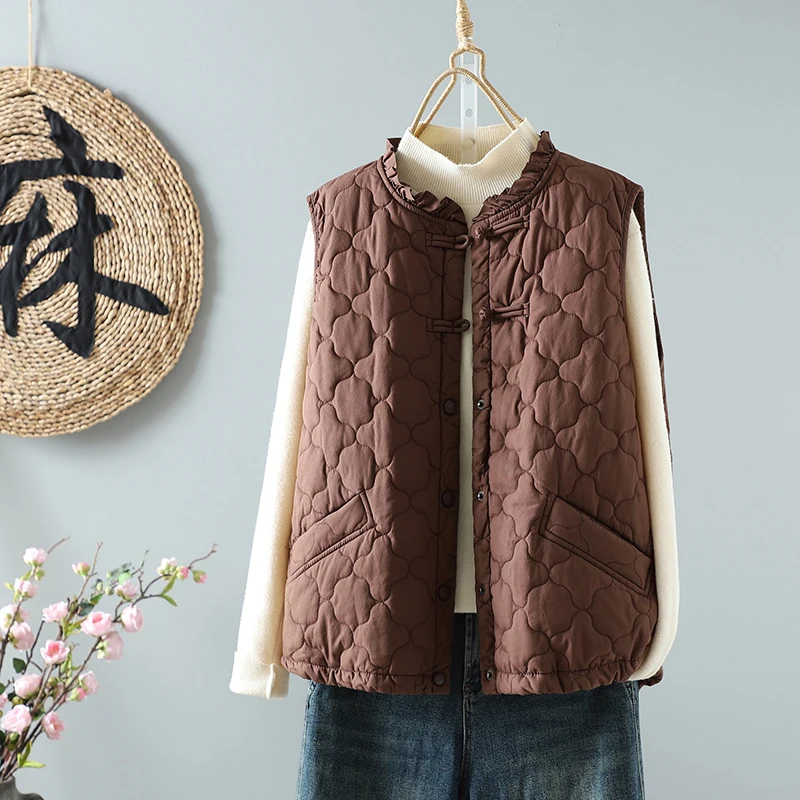 

Retro Diamond Pattern Cotton Vest Women's Lightweight Svel Coat Warmth round Ne Commute Sle Pure Color Cotton Polye...