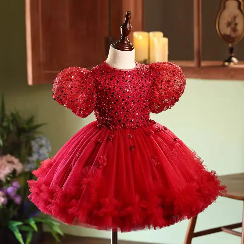 Dreamy Vow Gorgeous Burgundy Girl Dress Short Sleeve Tulle Sequined Embroidered for 1st Toddler Party Knee Length Ball Gown J358