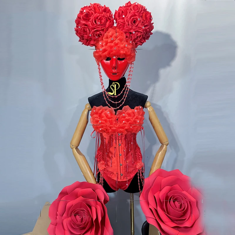 

Bar Nightclub Dj Ds Rave Outfit Big Rose Headwear Red Bodysuit Women Sexy Gogo Dance Costume Rave Performance Wear XS9212