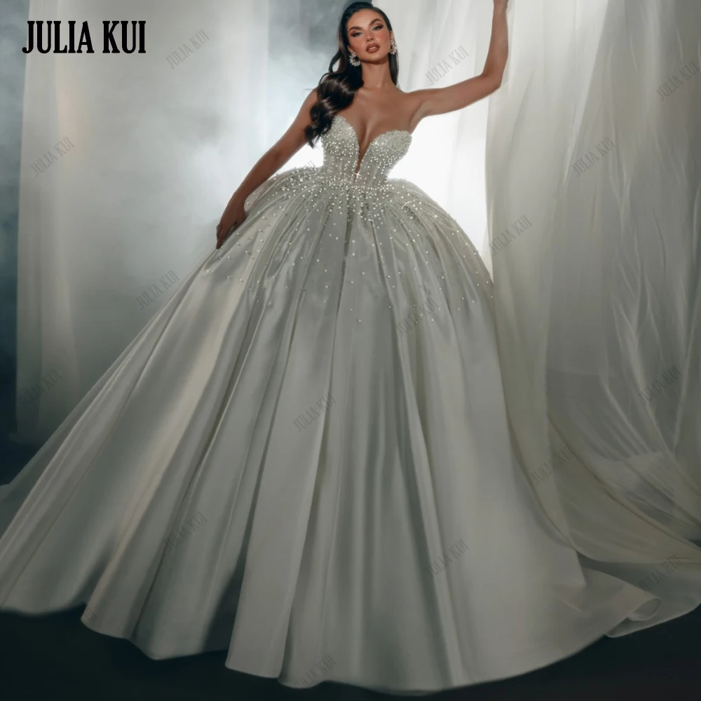 

Julia Kui Custom Made New Latest Vintage Sweetheart Ball Gown Wedding Dresses Beading Pearls Lace Satin Princess Bridal Gowns