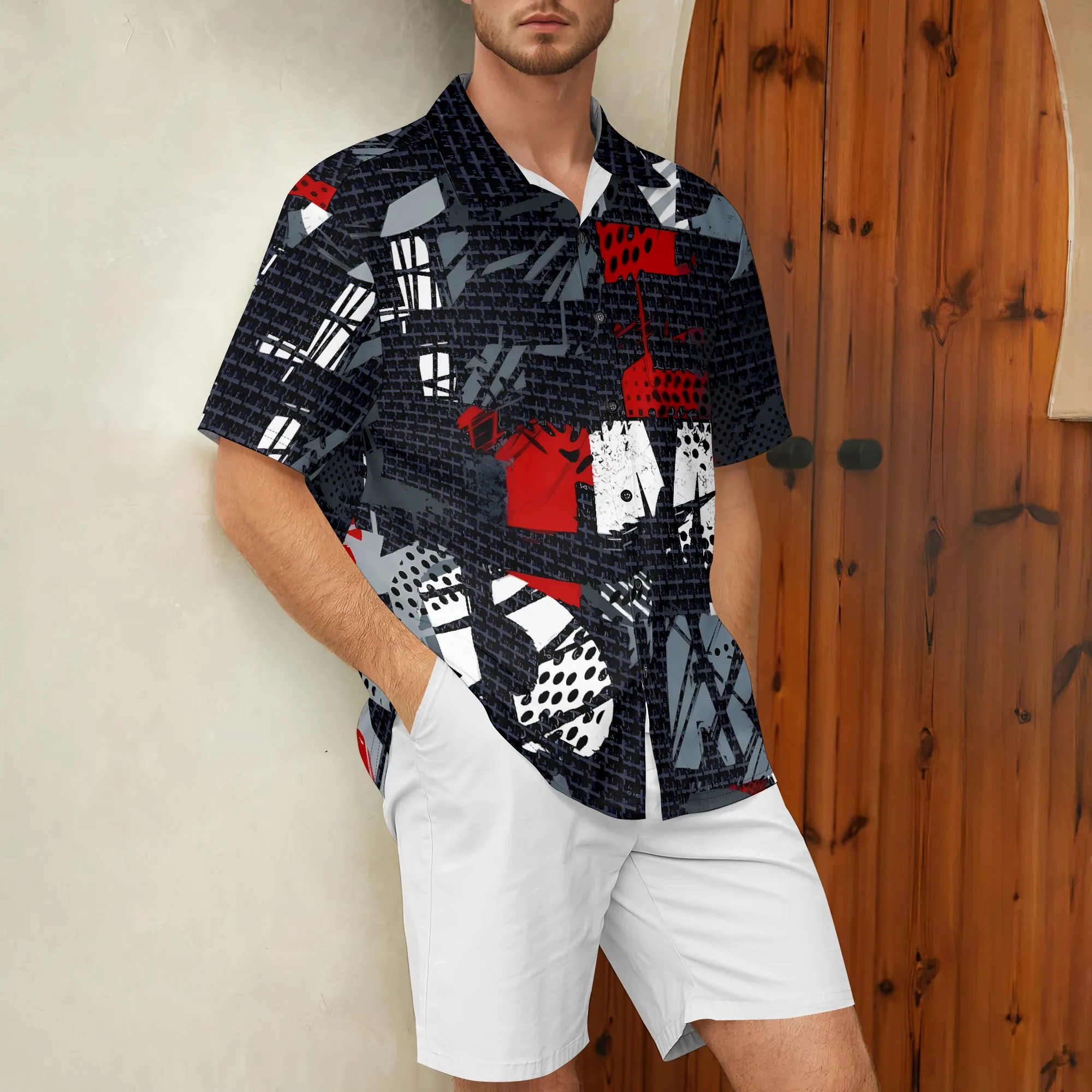 

YEAE Abstract Grid Print Shirt for Men Summer Casual Short Sleeve Top