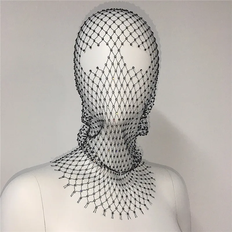 Bride Mask Hollow Out Headscarf Veil Mask Nightclub Hat Rhinestone Mesh Veil Crystal Head Diamond Headwrap Fishnet Headhood