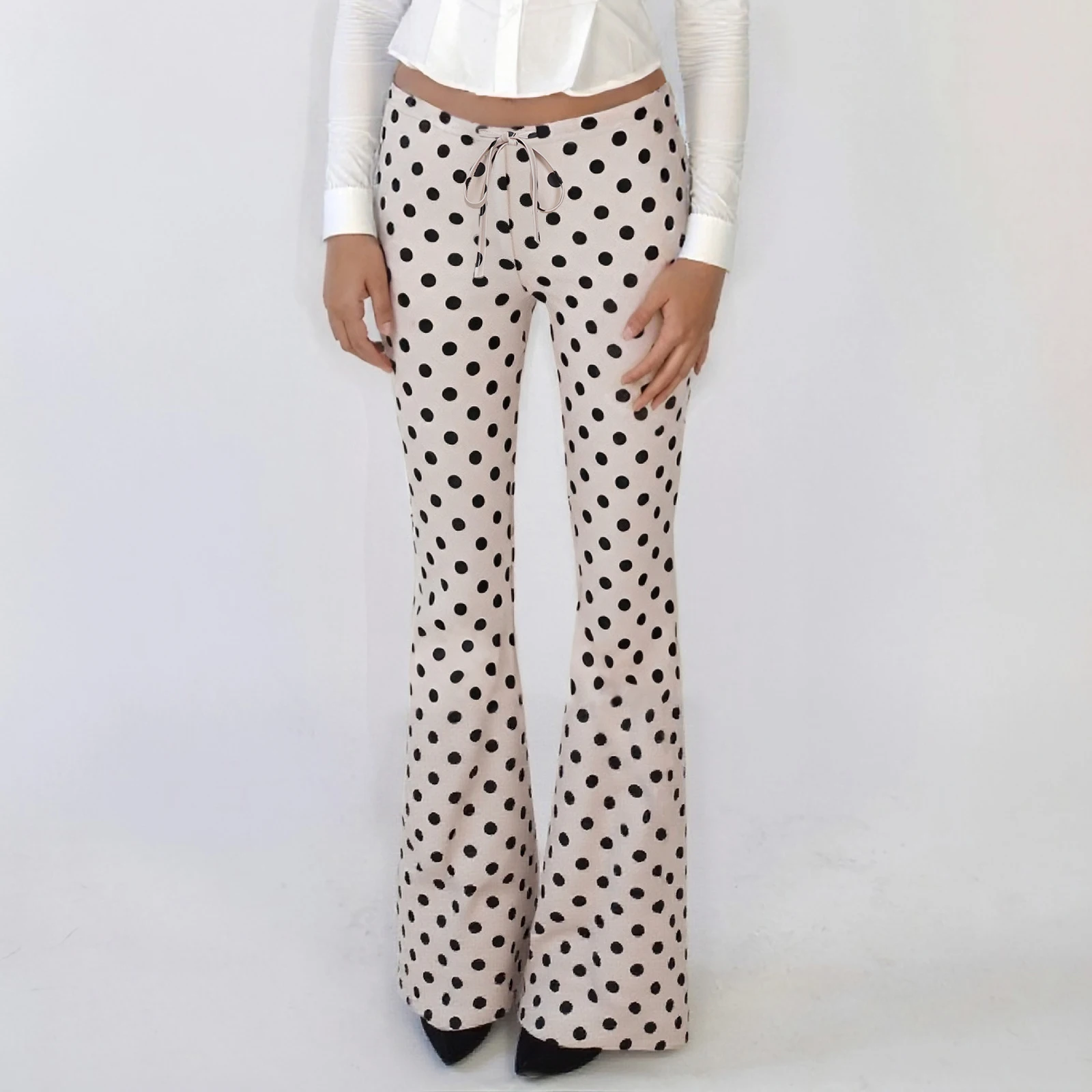 Desginer Women's Dot Print Casual Pants Drawstring Low Waist Flare Leg Trousers for All Seasons