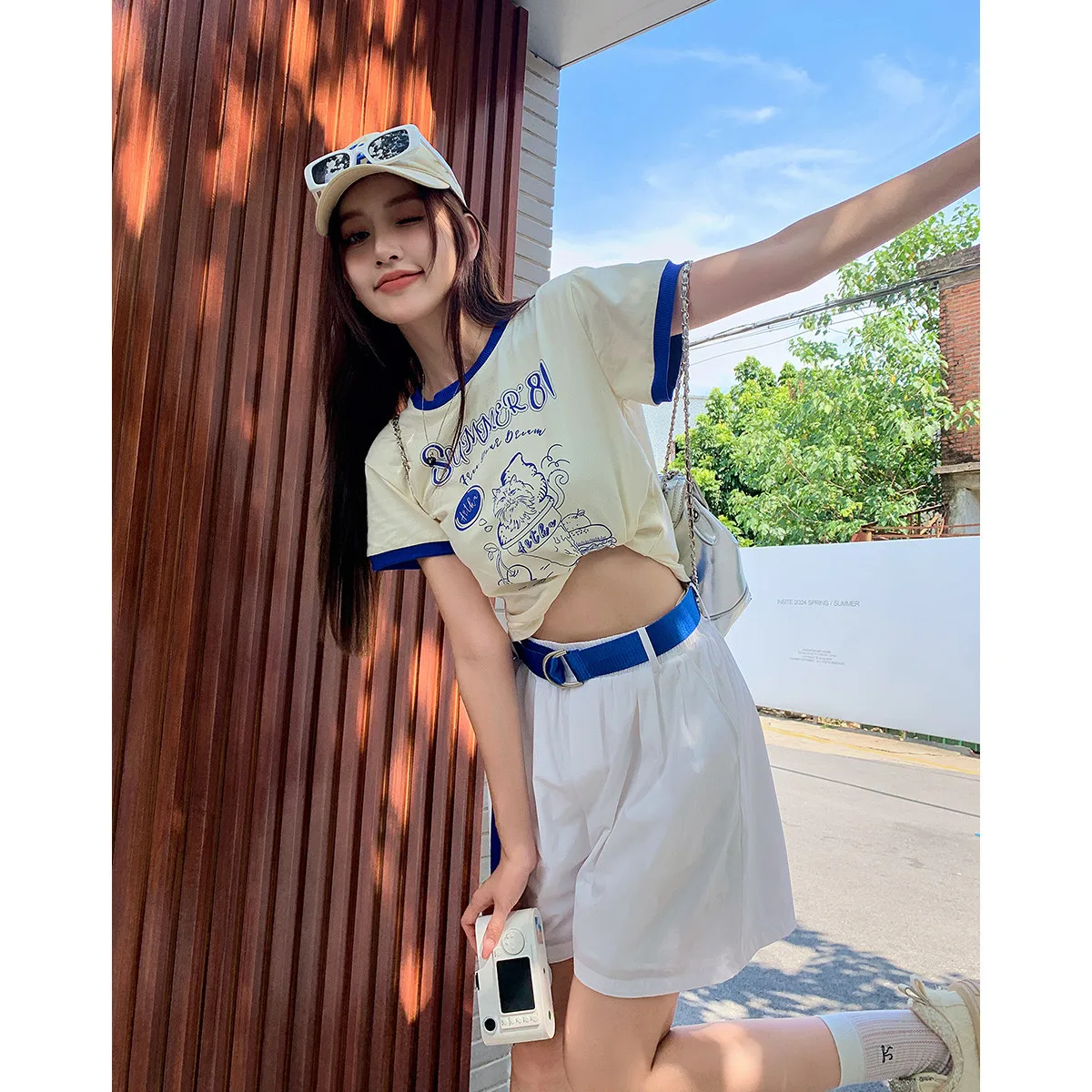 Spring and summer wardrobe printed regular shoulder short-sleeved women's slimming casual T-shirt.TA92146X
