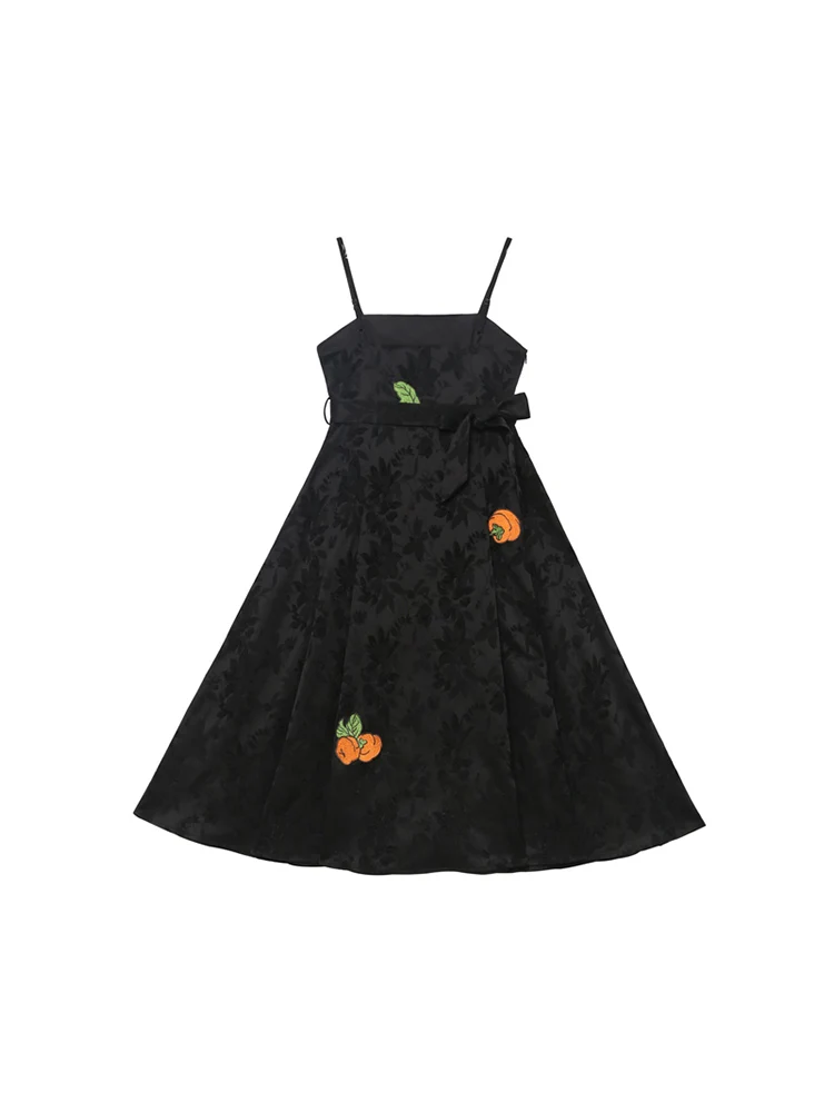 Spring and Autumn Women Chinese Style Persimmon Embroidered Pleated Camisole Dress