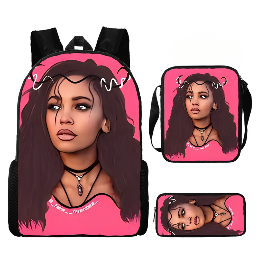 Cartoon Youthful Funny African girl 3D Printed 3pcs/Set Student Travel bags Laptop Daypack Backpack Shoulder Bag Pencil Case